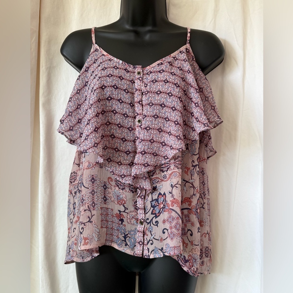 Maurice's Women's Sz M Flouncy Ruffled Sheer Tank Blouse Purple/Pink‎